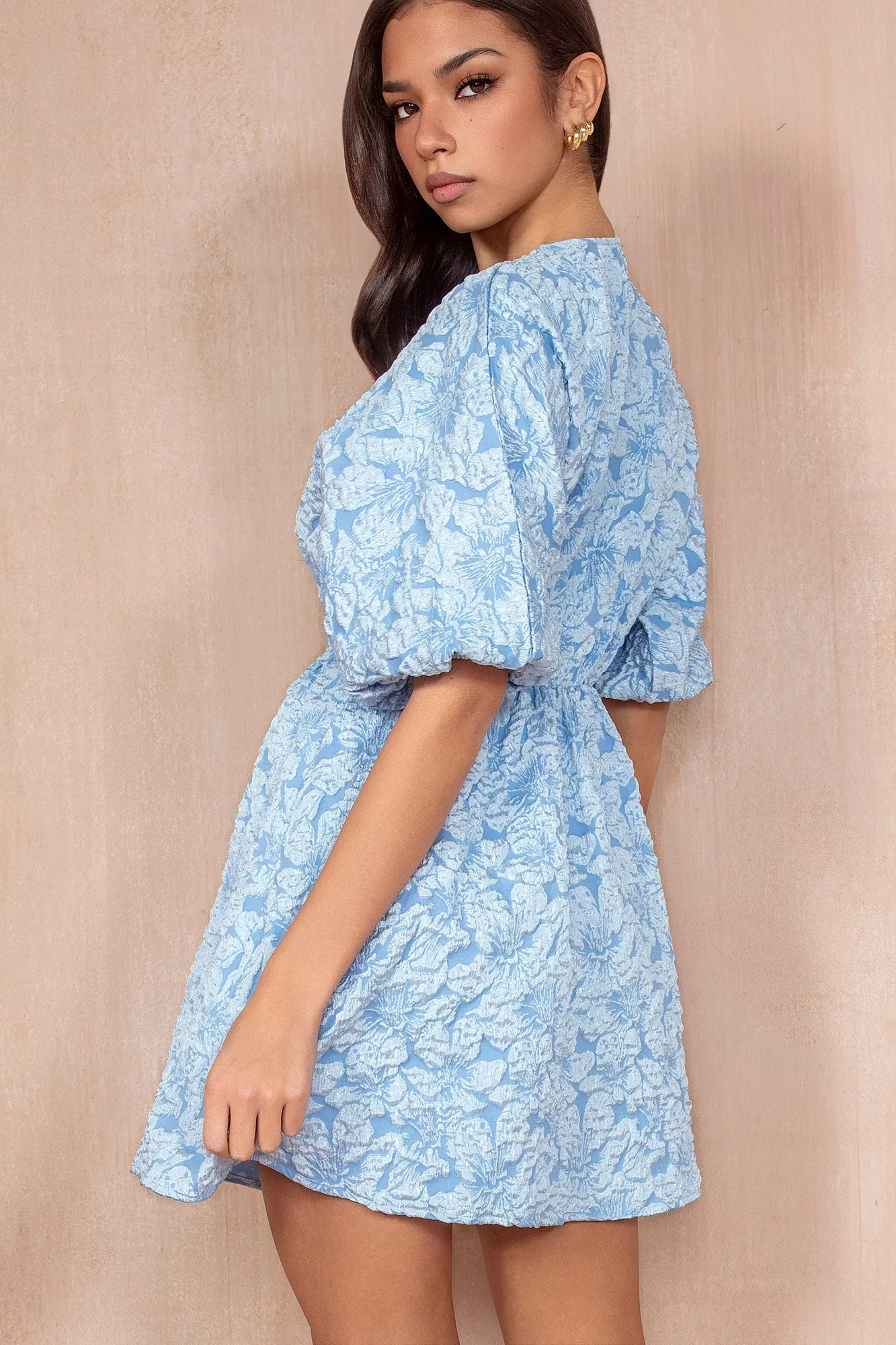 Dollie Blue Jacquard Puff Sleeve Dress sold by Va Va Voom product image thumbnail 2