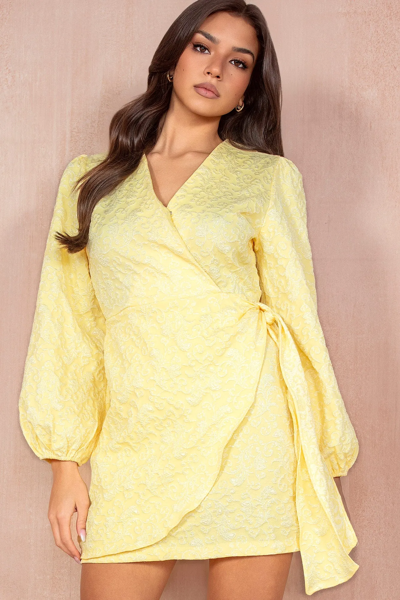 Kallie Yellow Jacquard Wrap Dress sold by Va Va Voom product image thumbnail 3