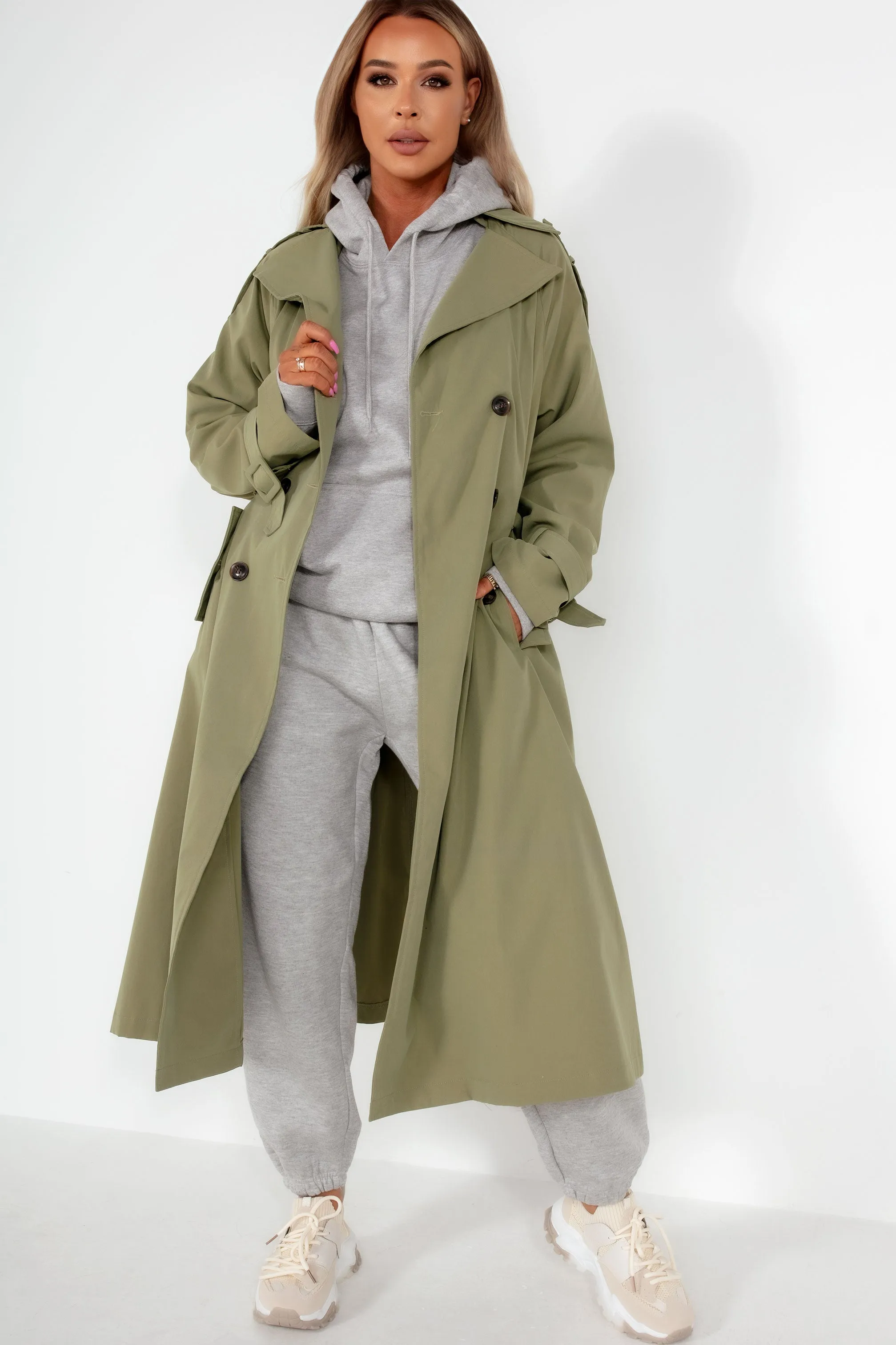 Maude Khaki Oversized Trench Coat sold by Va Va Voom