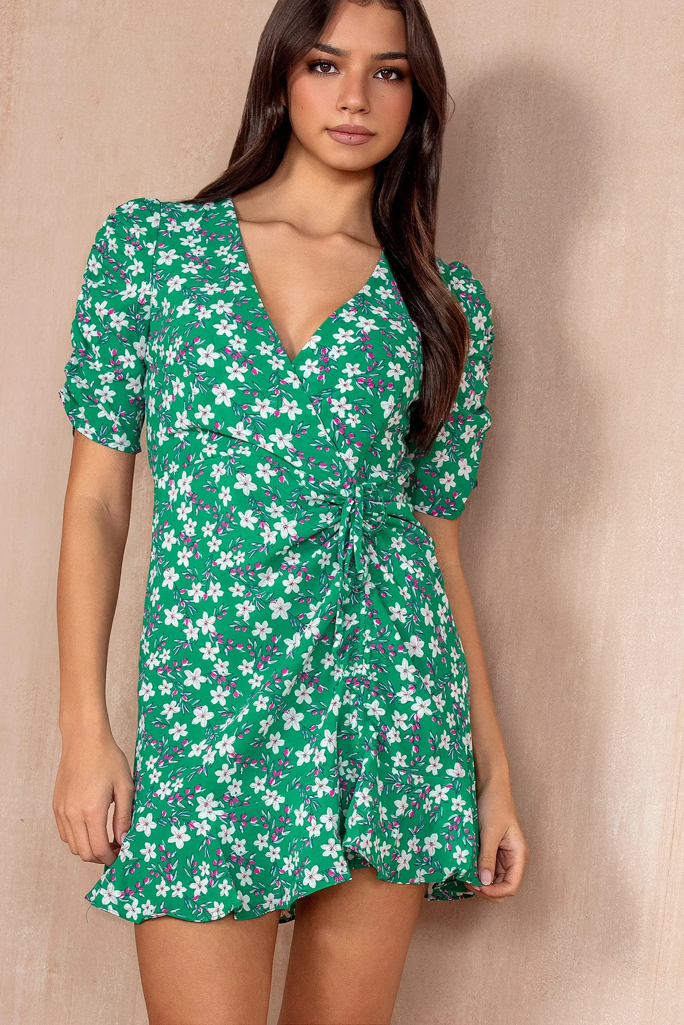 Nia Green Floral Frill Dress sold by Vavavoom