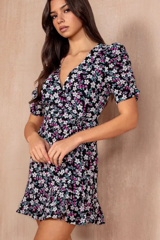 Nia Black Floral Frill Dress sold by Va Va Voom