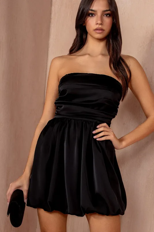 Aoife Black Satin Puffball Dress sold by Va Va Voom