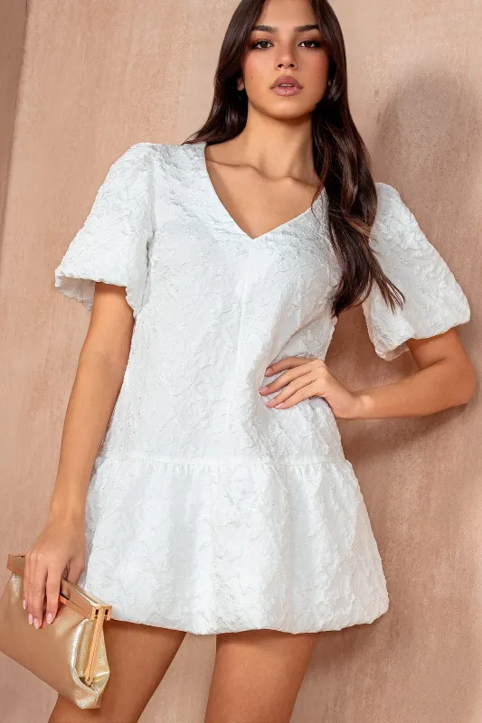 Hayley White Jacquard Puffball Dress sold by Va Va Voom