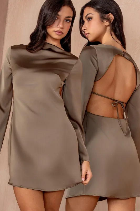 Cara Khaki Satin Backless Dress sold by Va Va Voom