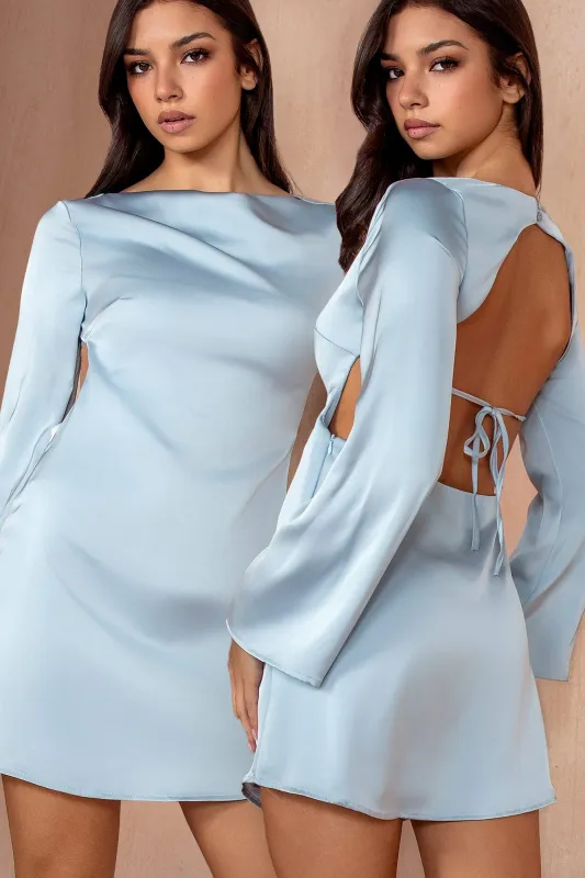 Cara Pale Blue Satin Backless Dress sold by Va Va Voom