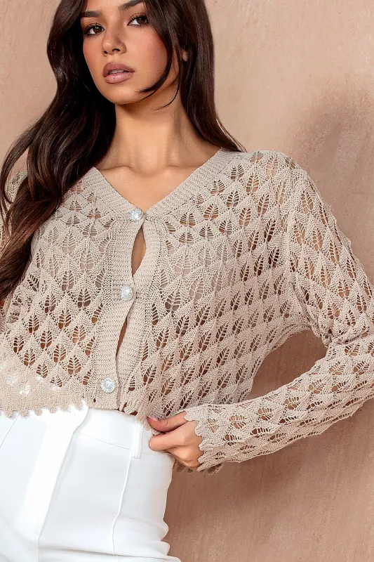 Faith Taupe Crochet Cardigan sold by Va Va Voom