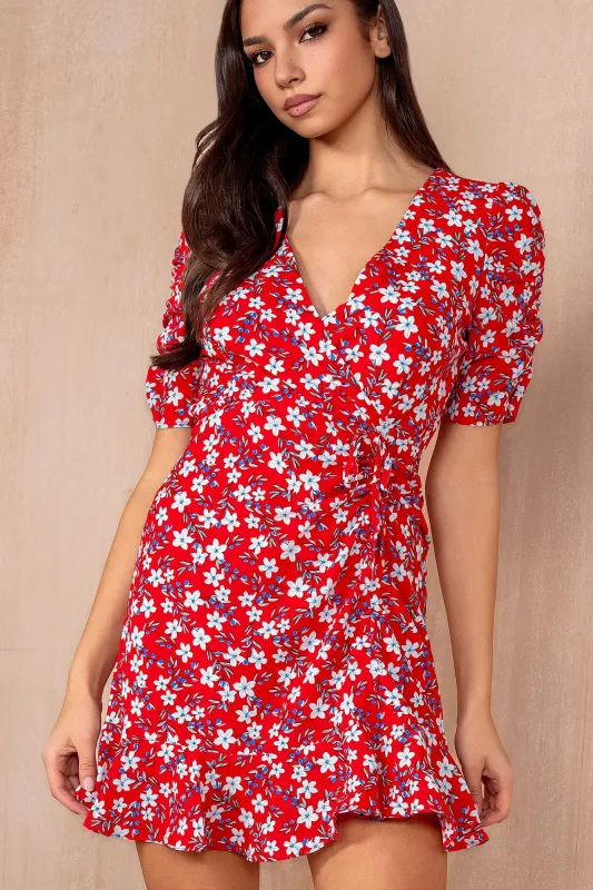 Nia Red Floral Frill Dress sold by Va Va Voom
