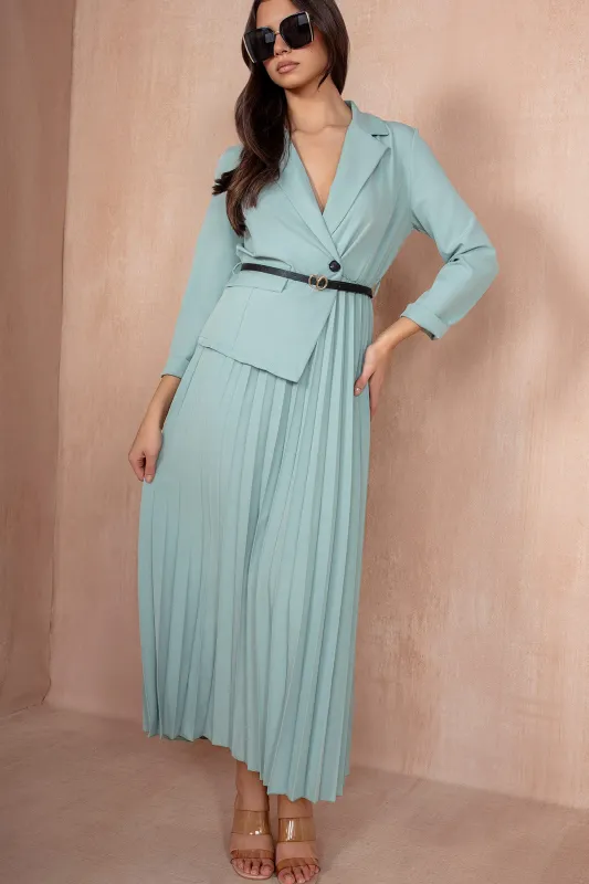 Sue Mint Pleated Blazer Dress sold by Va Va Voom