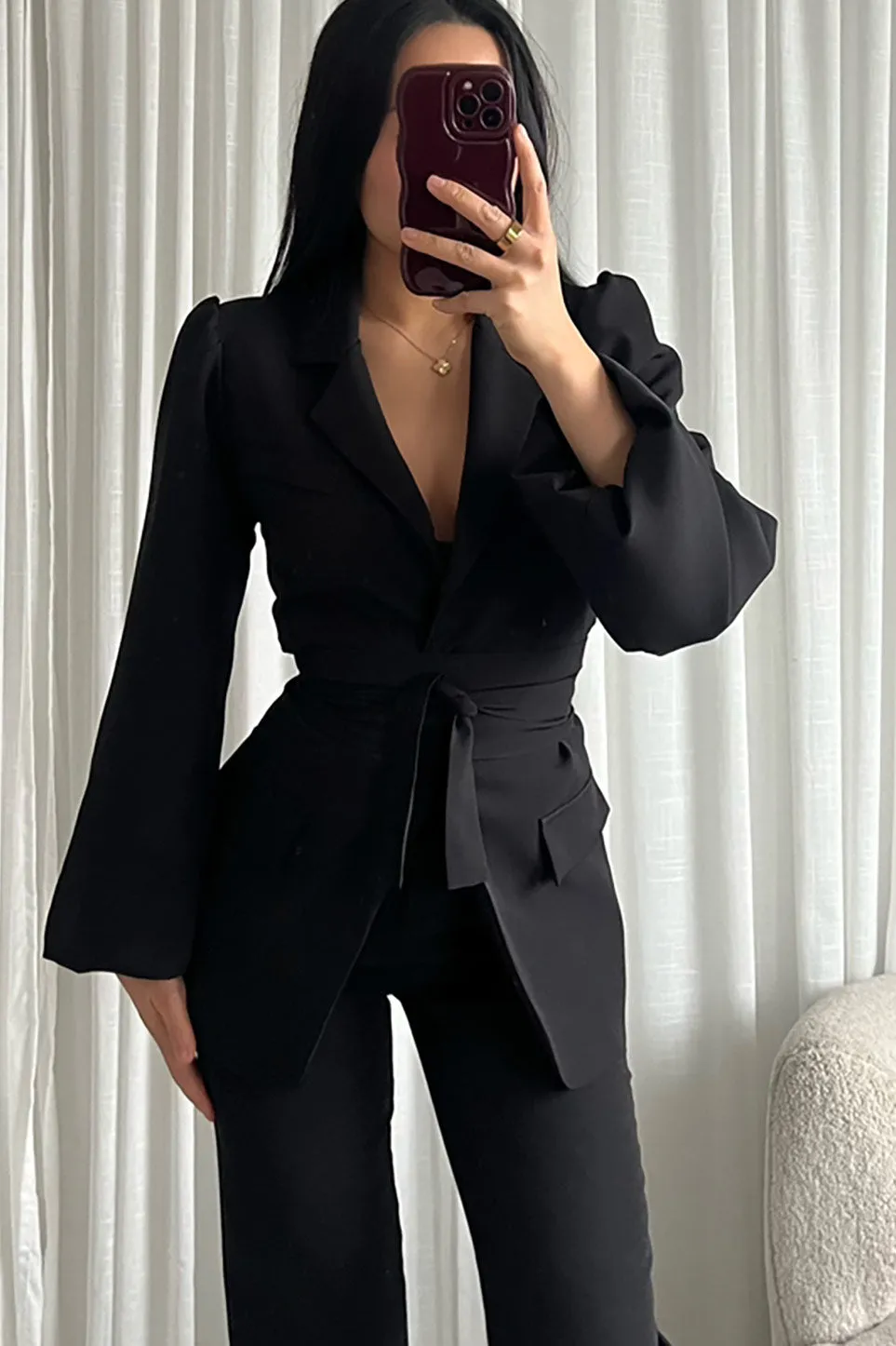 Dervla Black Belted Blazer sold by Va Va Voom