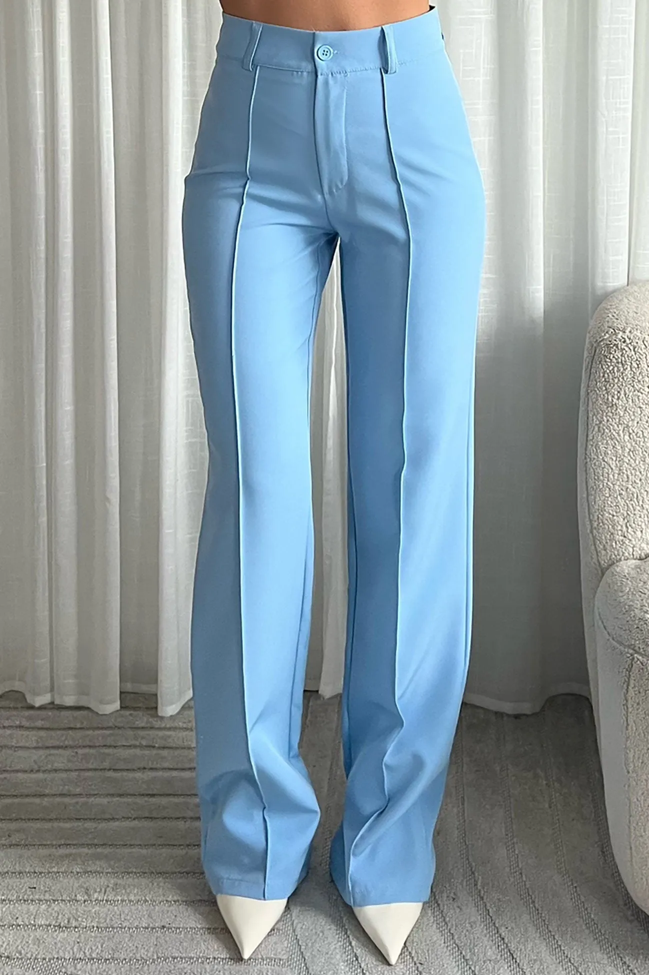 Miley Blue Straight Leg Trousers sold by Va Va Voom