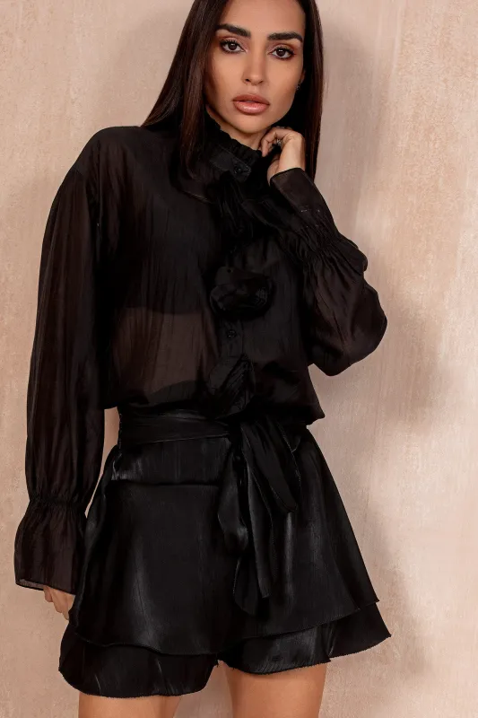 Alma Black Satin Tie Front Skort sold by Va Va Voom