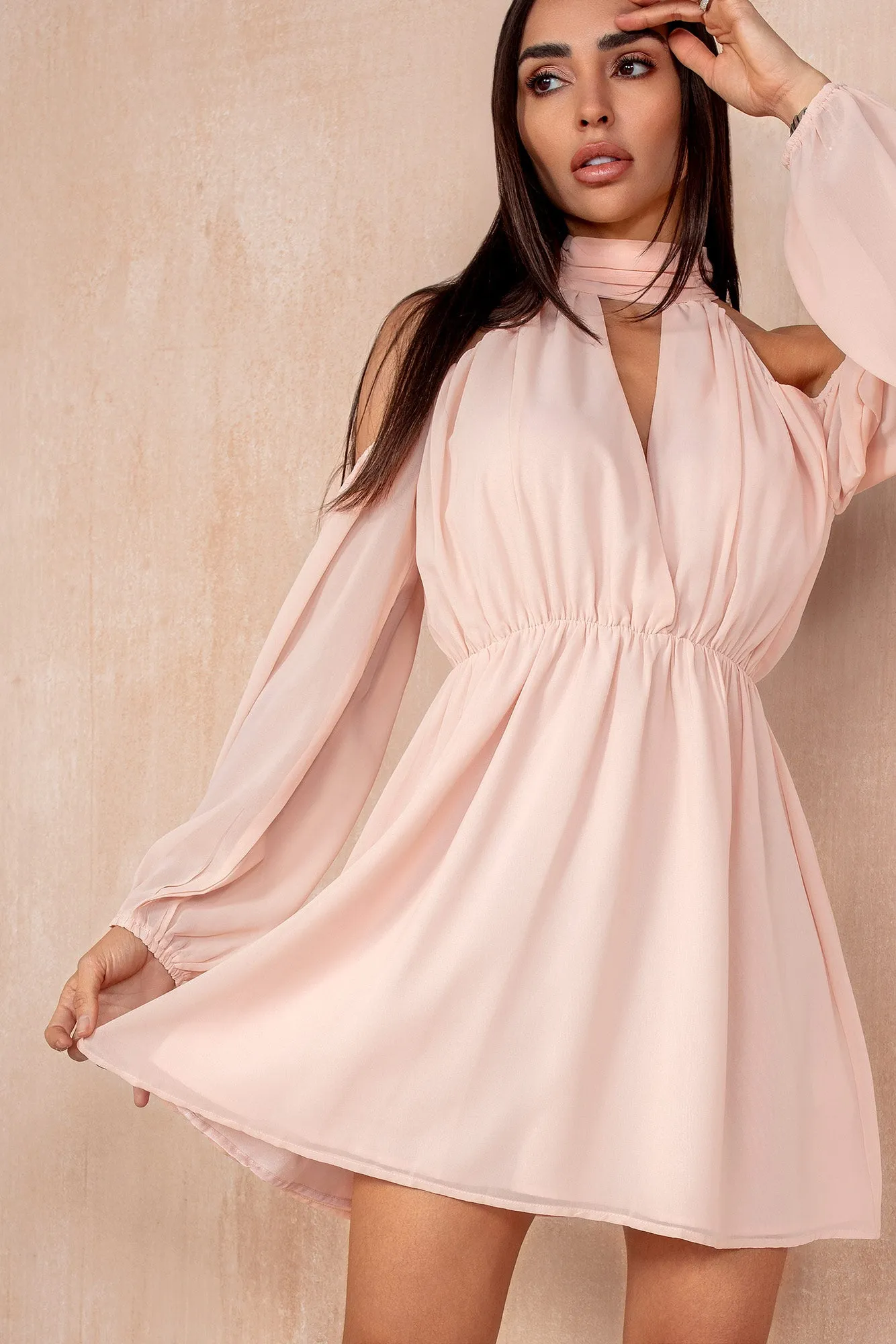 Bronagh Pink Chiffon Cold Shoulder Dress sold by Va Va Voom
