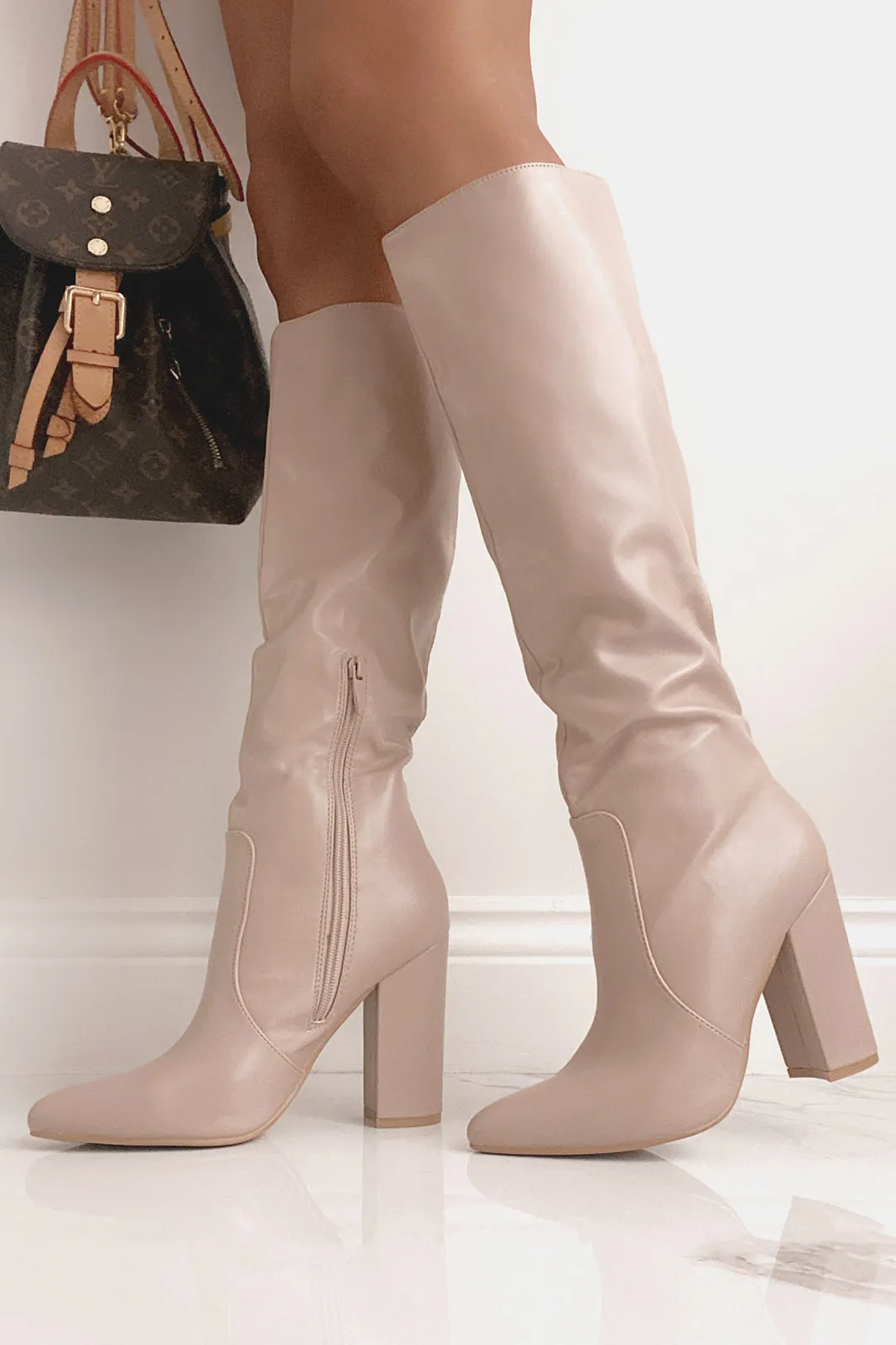 Qira Nude Faux Leather Knee High Boots sold by Va Va Voom