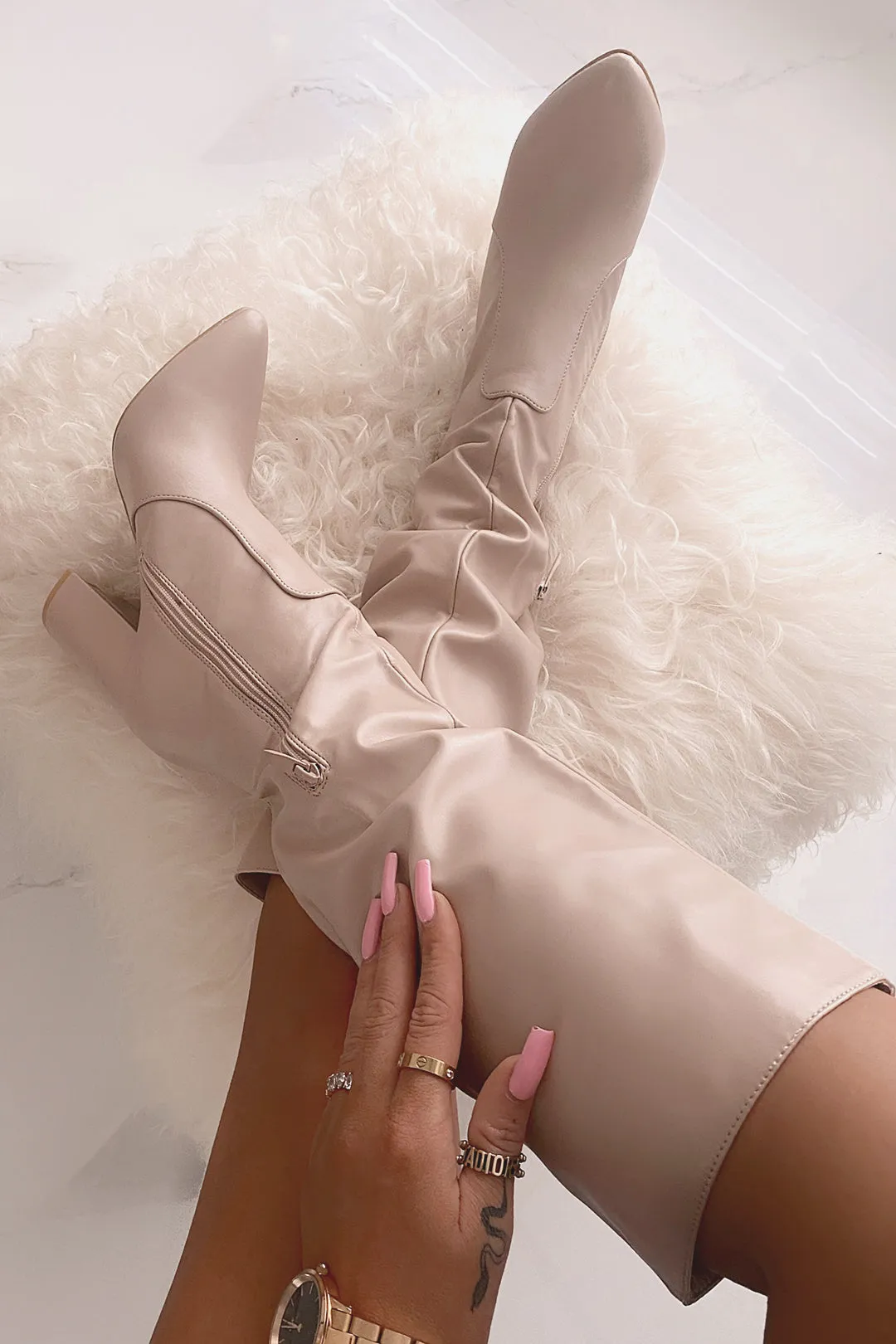 Qira Nude Faux Leather Knee High Boots sold by Va Va Voom product image thumbnail 2