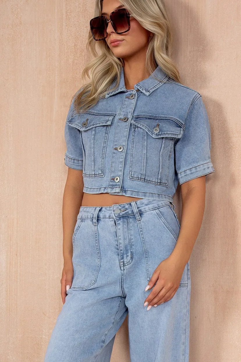Shauna Blue Cropped Denim Jacket sold by Va Va Voom