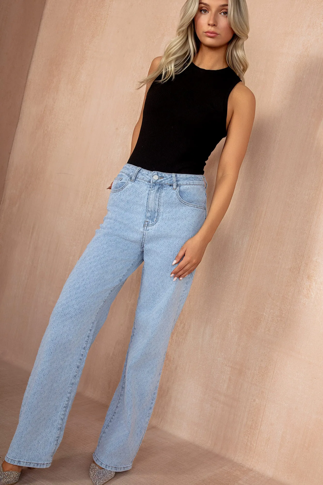 Seoidin Light Blue Textured Straight Leg Jeans sold by Vavavoom product image thumbnail 3