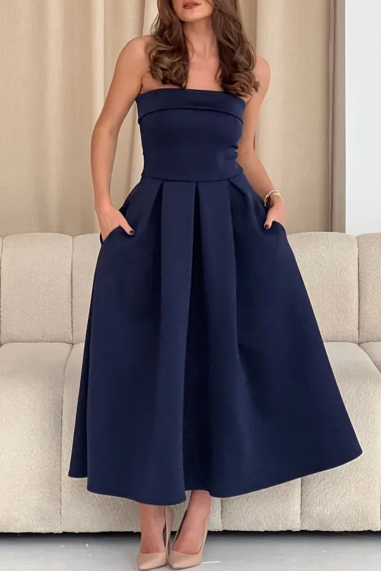 Danni Navy Bandeau Pleated Midi Dress sold by Va Va Voom