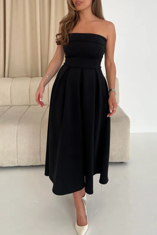 Danni Black Bandeau Pleated Midi Dress sold by Va Va Voom
