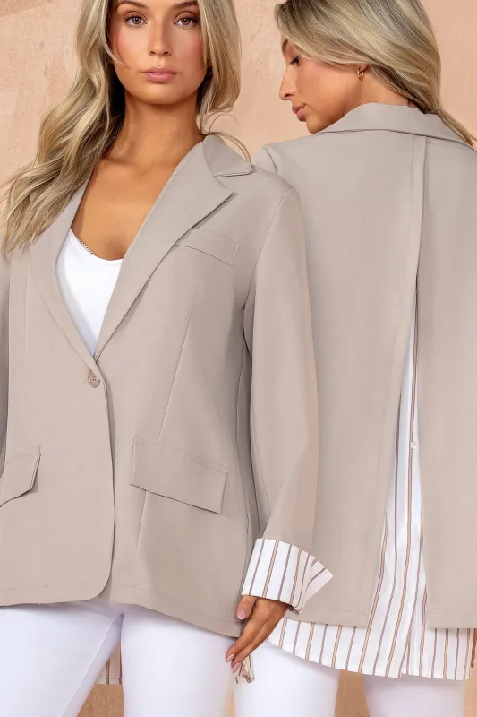 Molly Taupe 2in1 Pinstripe Shirt Blazer sold by Va Va Voom