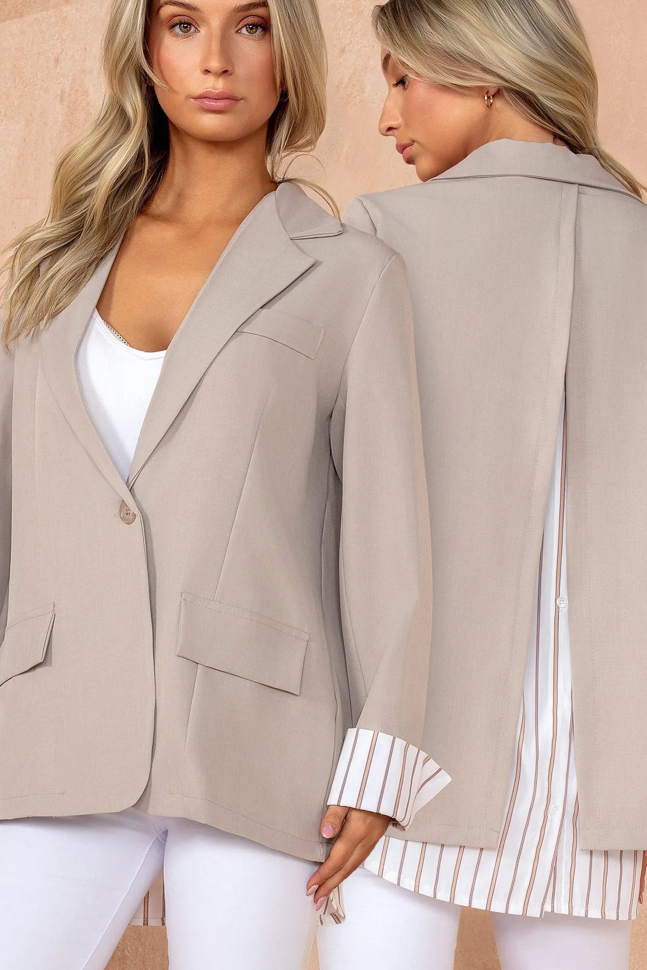 Molly Taupe 2in1 Pinstripe Shirt Blazer sold by Va Va Voom