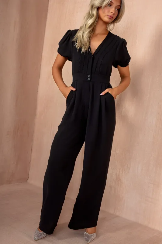 Ceala Black Puff Sleeve Jumpsuit sold by Va Va Voom