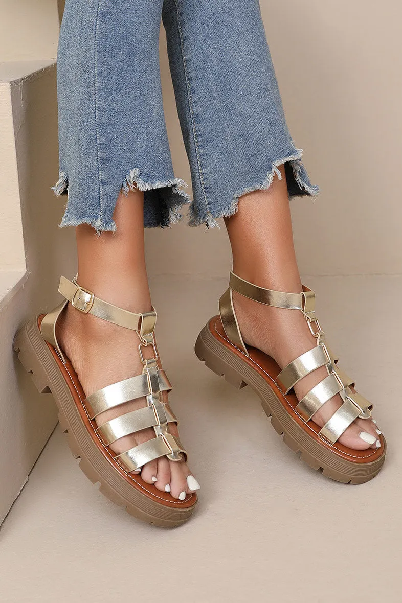 Zoey Gold Leather Look Chunky Sandals sold by Va Va Voom