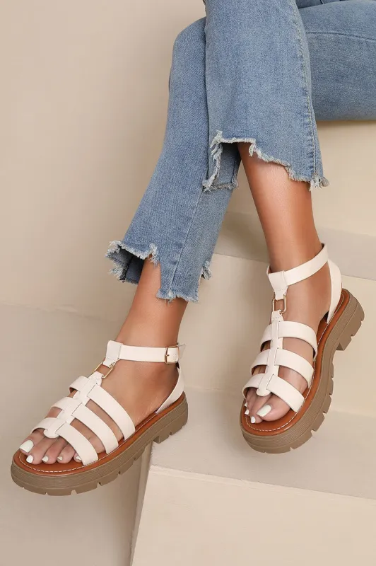 Zoey Cream Leather Look Chunky Sandals sold by Va Va Voom