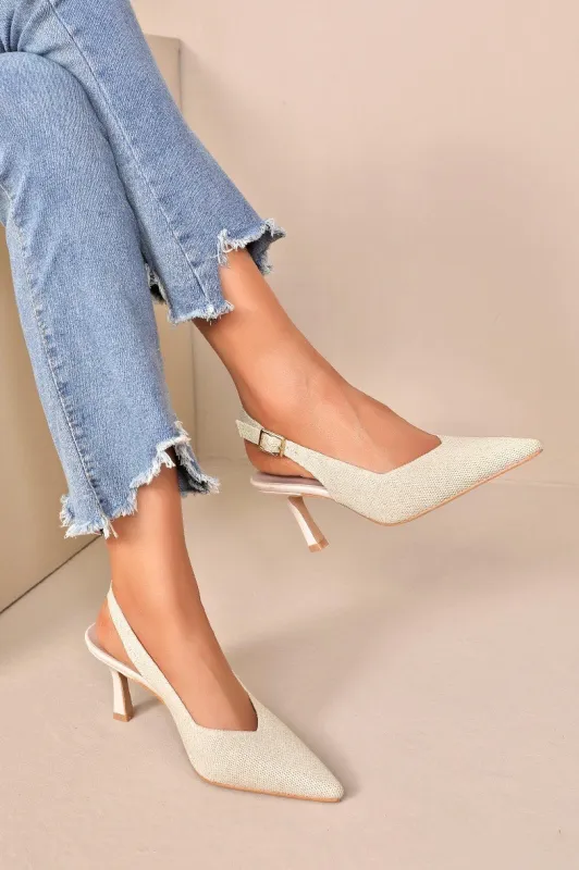 Helene Cream Sparkle Court Heels sold by Va Va Voom