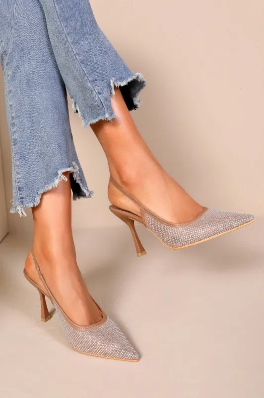 Lacy Tan Diamante Slingback Heels sold by Va Va Voom
