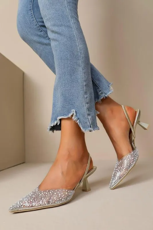 Angela Gold Pearl Court Heels sold by Va Va Voom