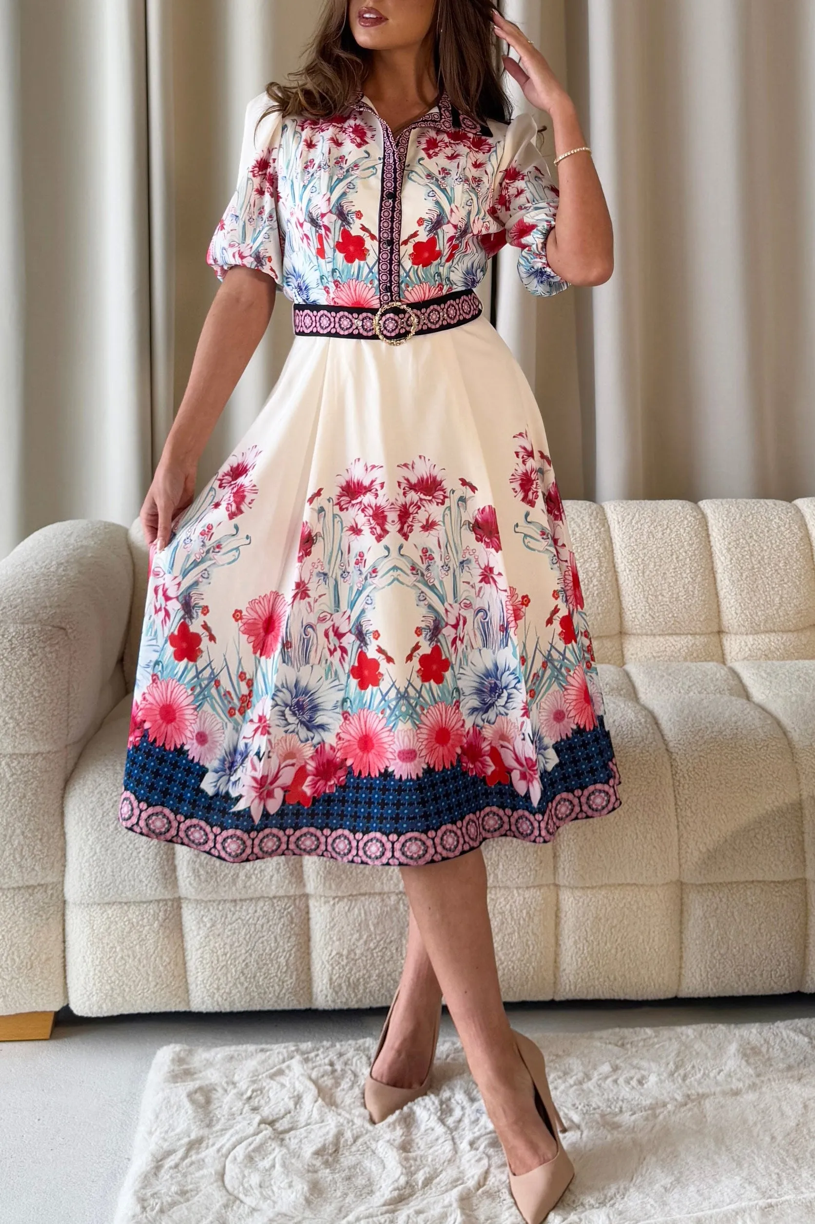 Holland Cream Border Print Belted Dress sold by Va Va Voom