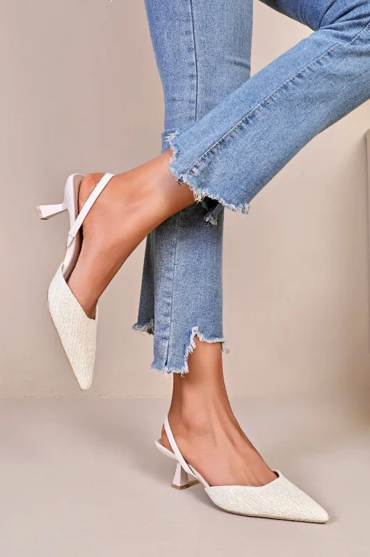 Phallon Cream Woven Kitten Heels sold by Vavavoom