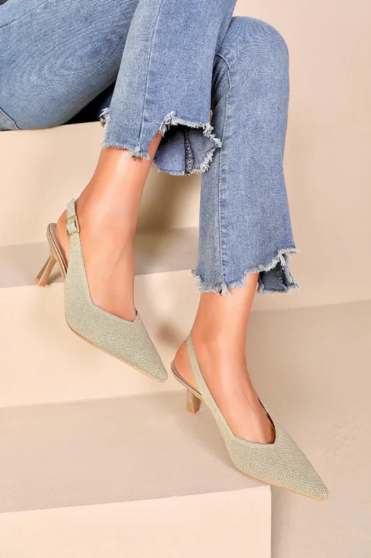 Helene Gold Woven Sparkle Court Heels sold by Vavavoom