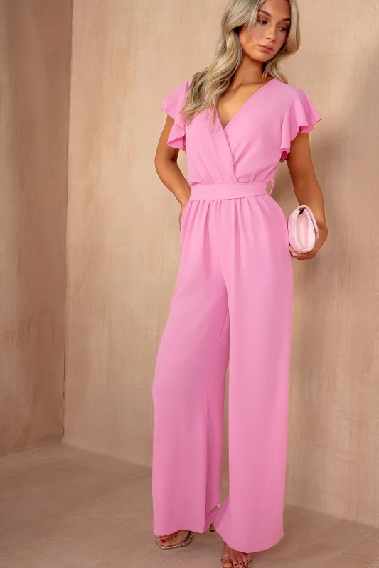 Ella Candy Pink Wrap Belted Jumpsuit sold by Va Va Voom
