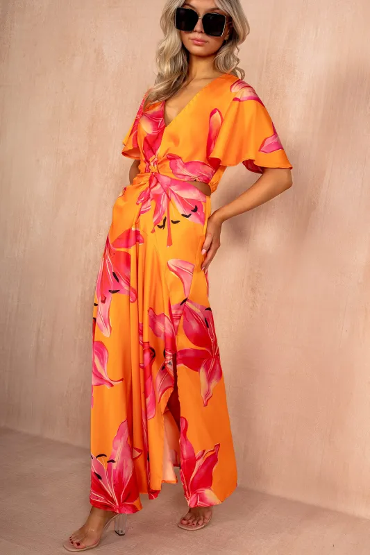 Josie Orange Satin Cut Out Midi Dress made by AX Paris