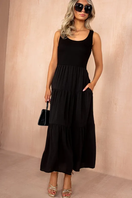 Casey Black Tiered Maxi Dress sold by Va Va Voom