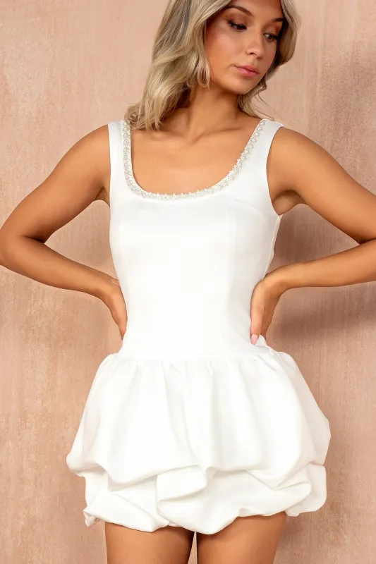 AX Paris Sharon White Pearl Neckline Puffball Dress sold by Va Va Voom