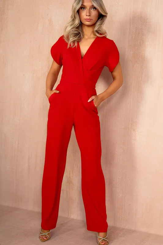 Bridget Bright Red Wrap Front Jumpsuit sold by Va Va Voom