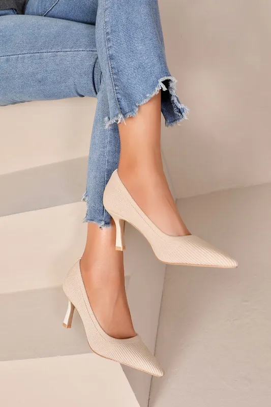 Zola Cream Knit Fabric Court Heels sold by Vavavoom