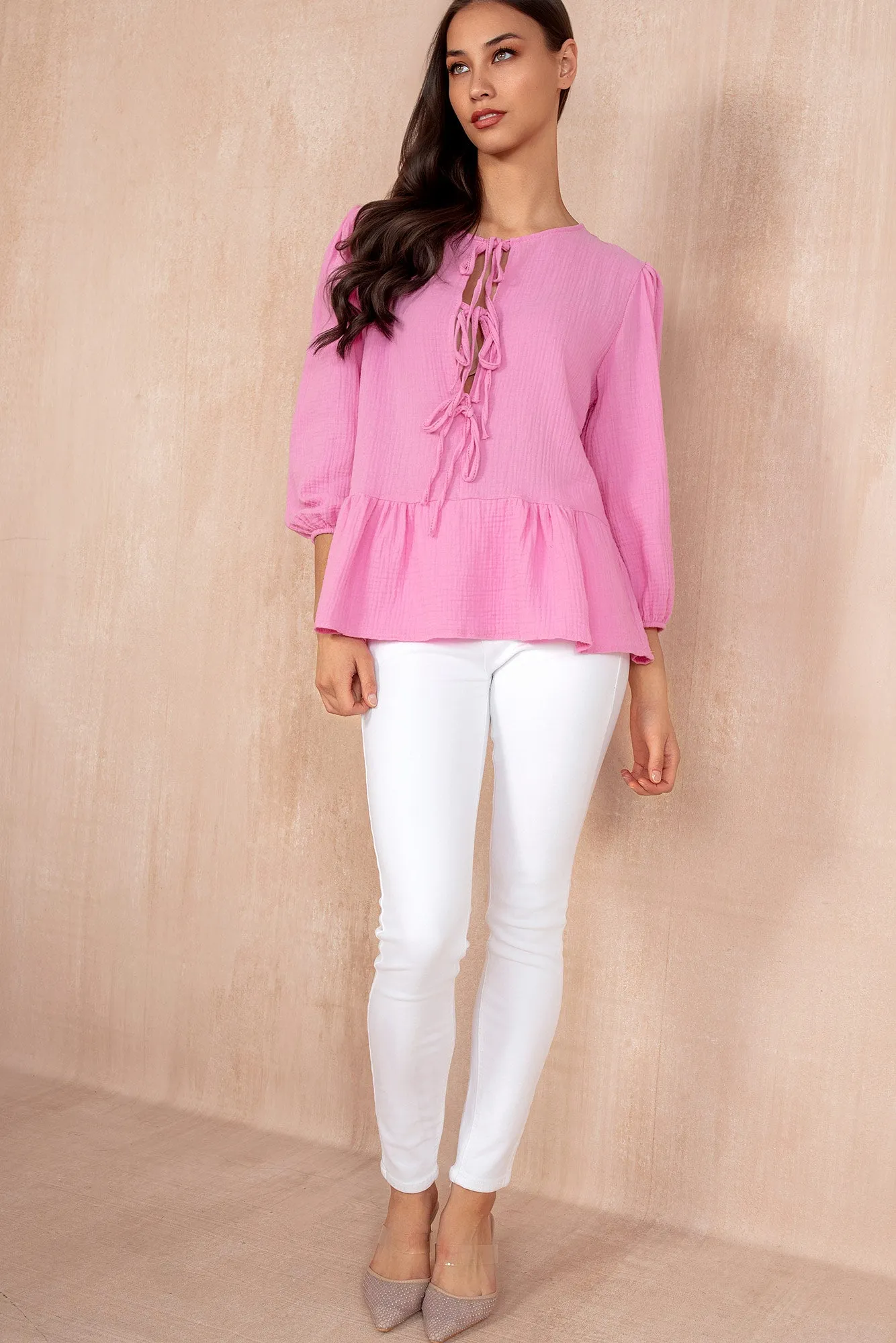 Jean Pink Cotton Peplum Top sold by Va Va Voom product image thumbnail 2
