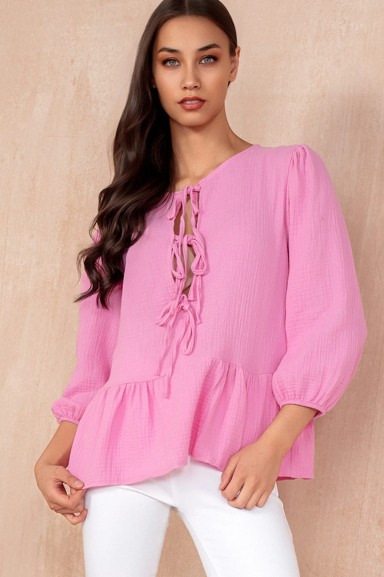 Jean Pink Cotton Peplum Top sold by Va Va Voom
