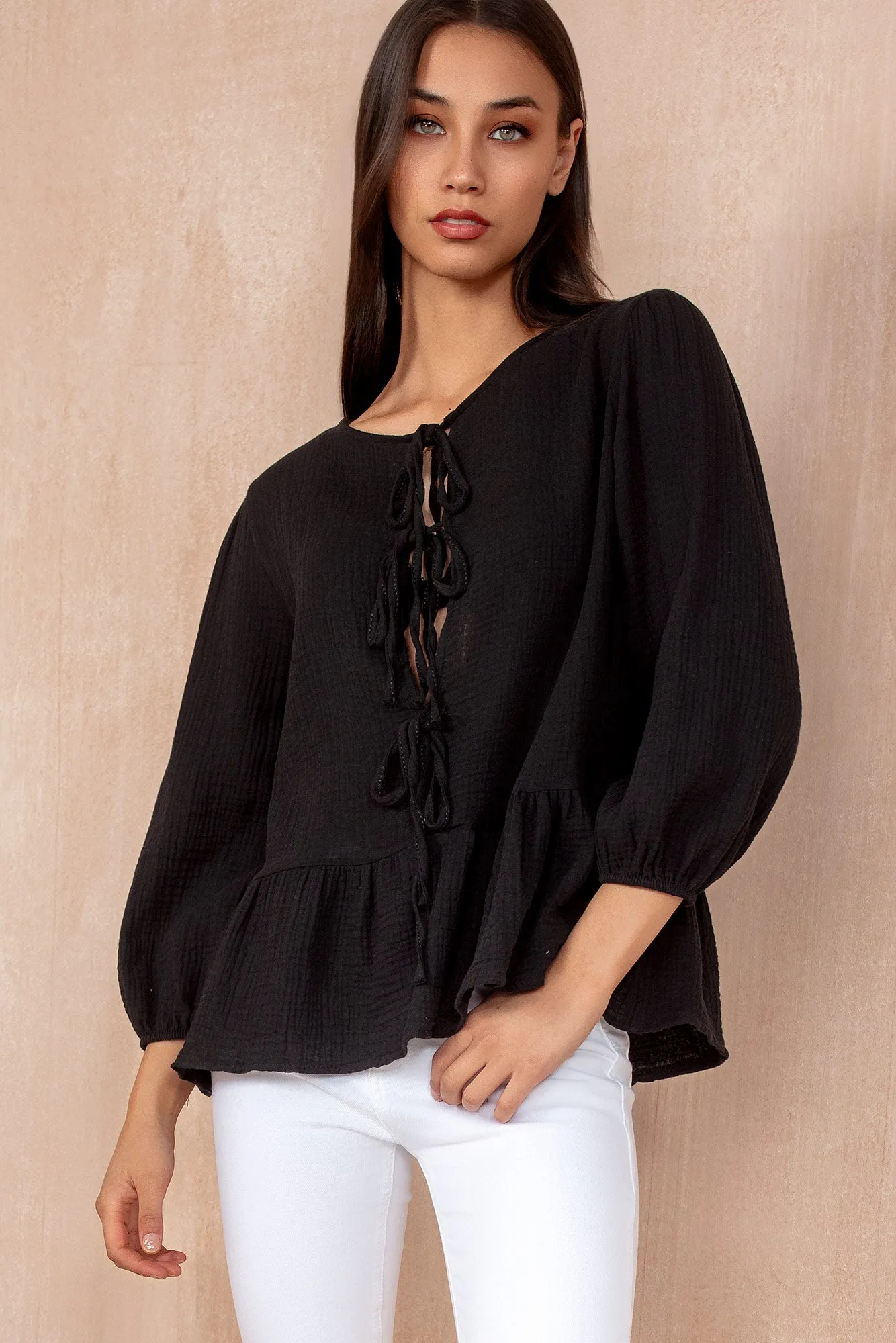 Jean Black Cotton Peplum Top sold by Va Va Voom