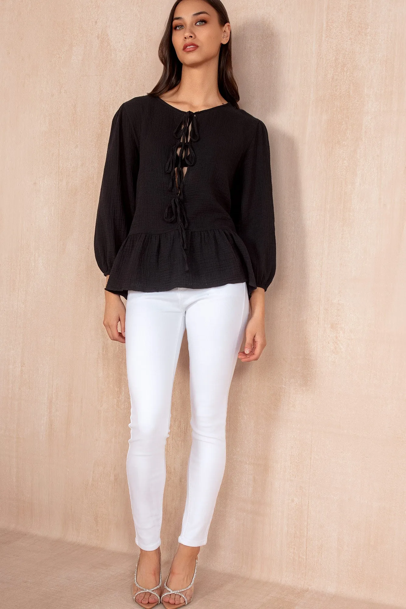 Jean Black Cotton Peplum Top sold by Va Va Voom product image thumbnail 2
