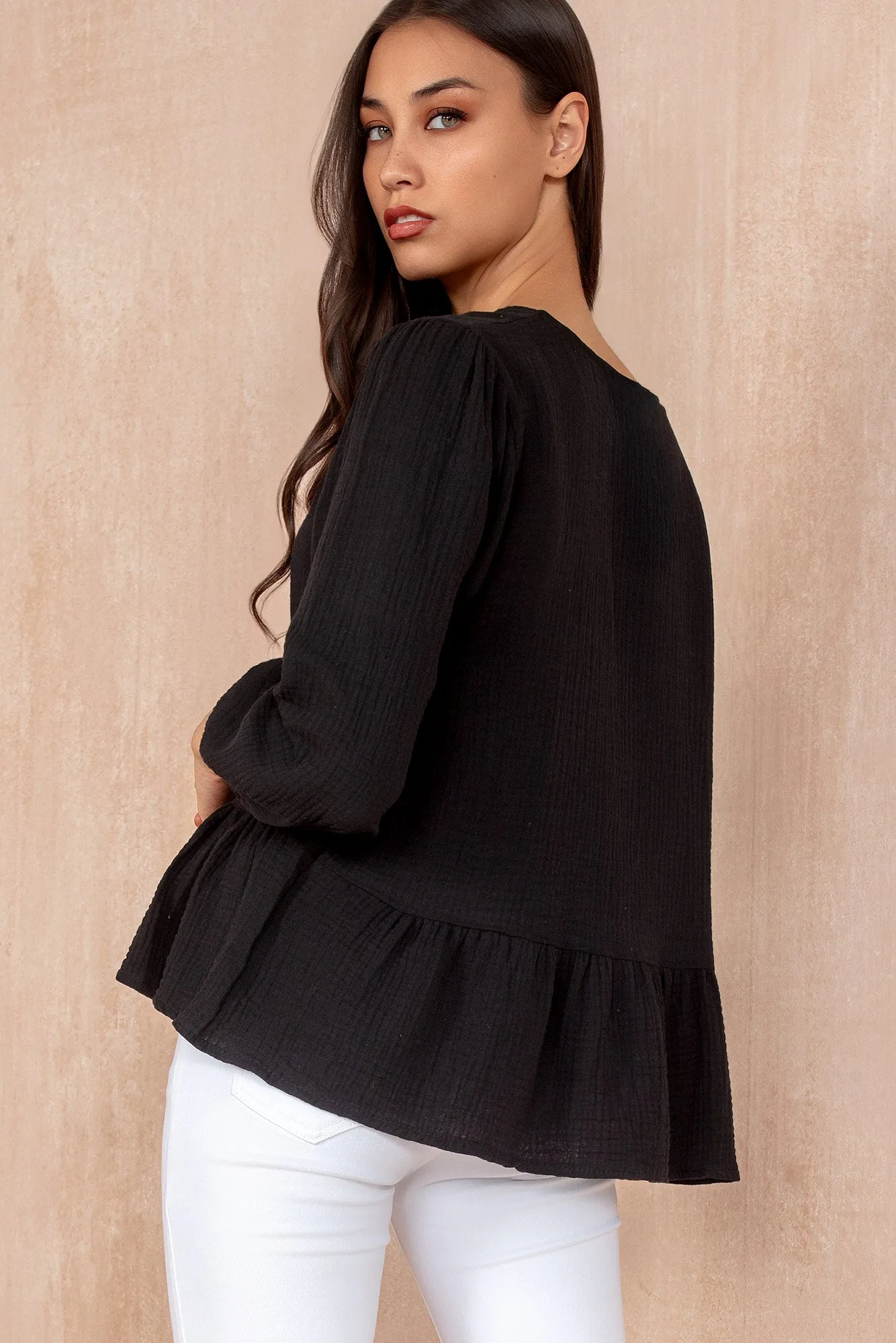 Jean Black Cotton Peplum Top sold by Va Va Voom product image thumbnail 3