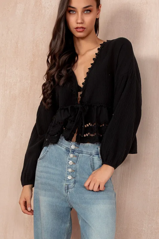 Amy Black Cotton Tie Front Top sold by Va Va Voom