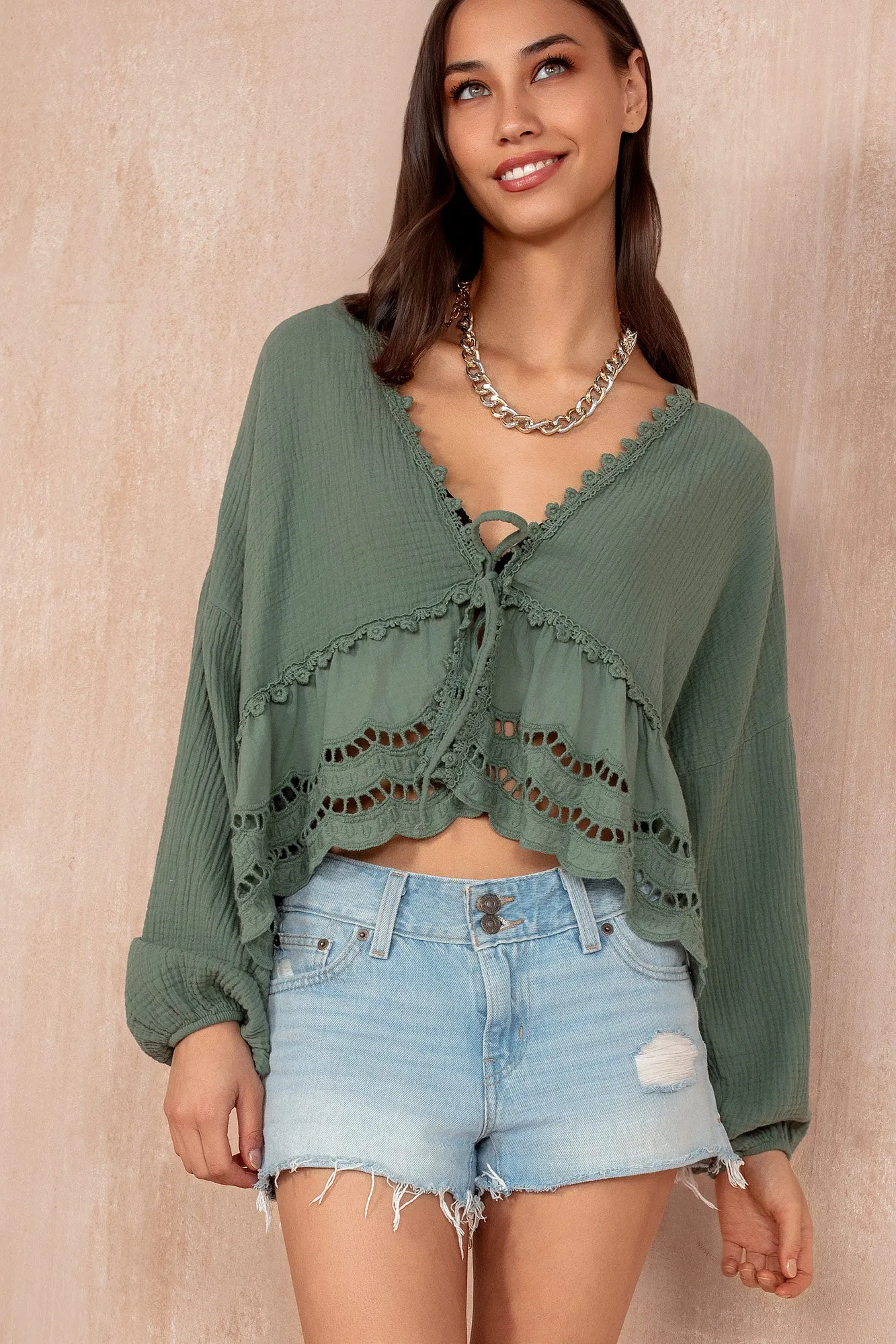 Amy Khaki Cotton Tie Front Top sold by Va Va Voom product image thumbnail 2