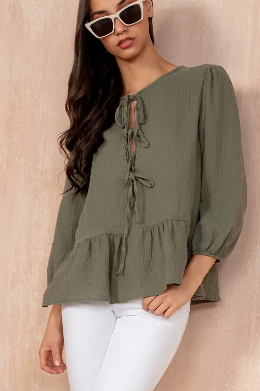 Jean Khaki Cotton Peplum Top sold by Va Va Voom