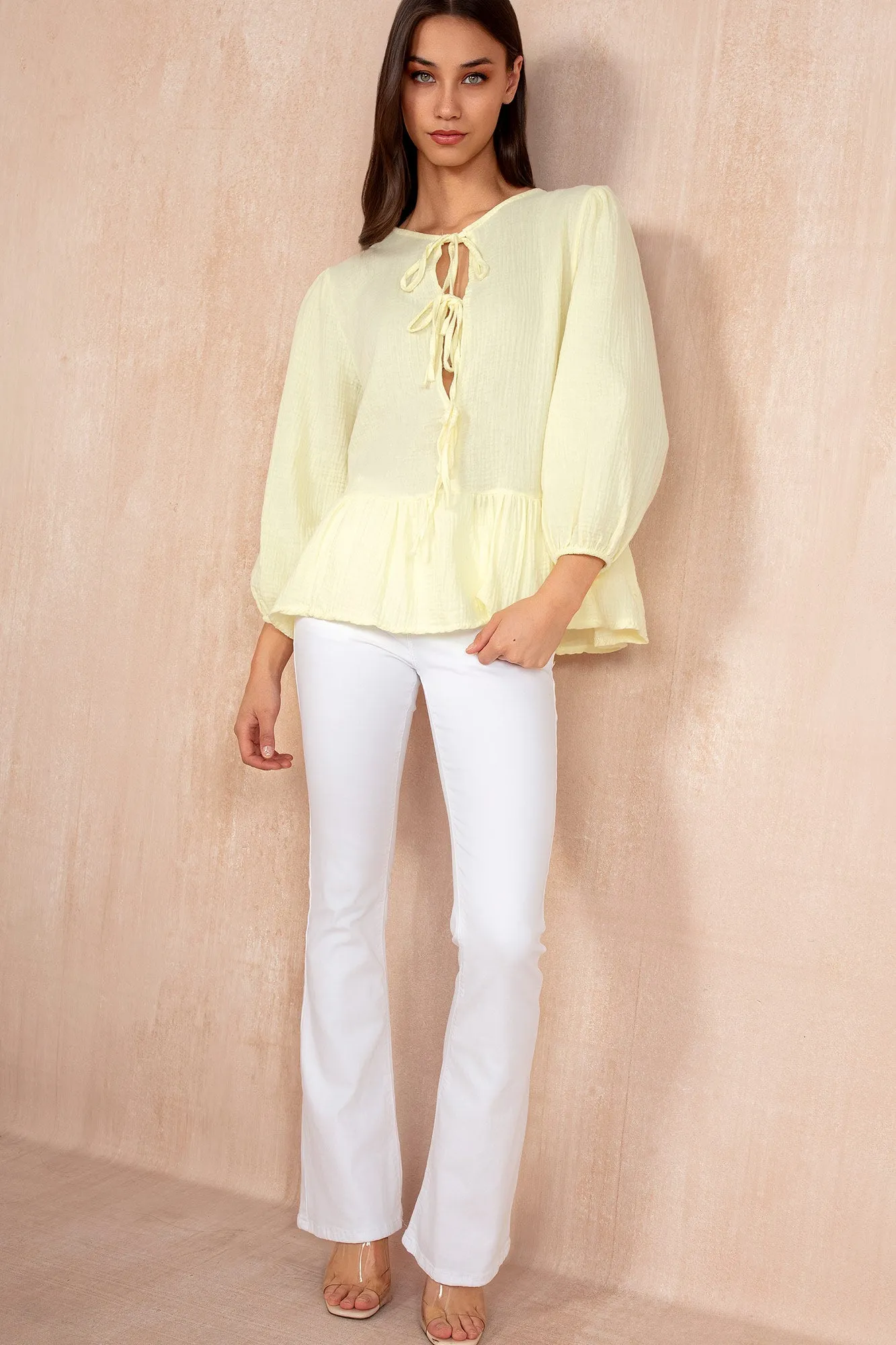 Jean Yellow Cotton Peplum Top sold by Va Va Voom product image thumbnail 2