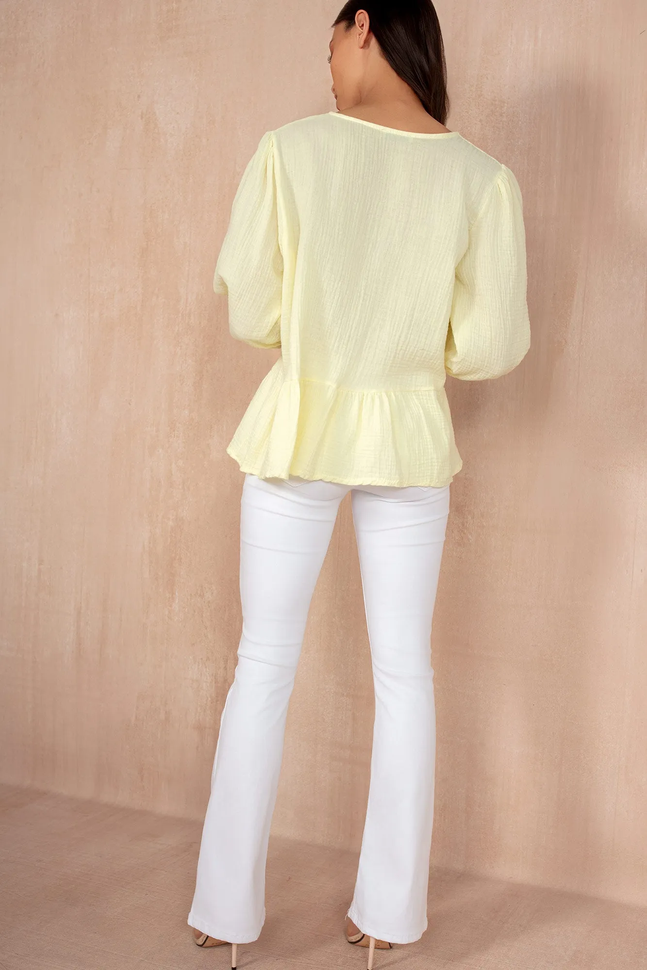 Jean Yellow Cotton Peplum Top sold by Va Va Voom product image thumbnail 3