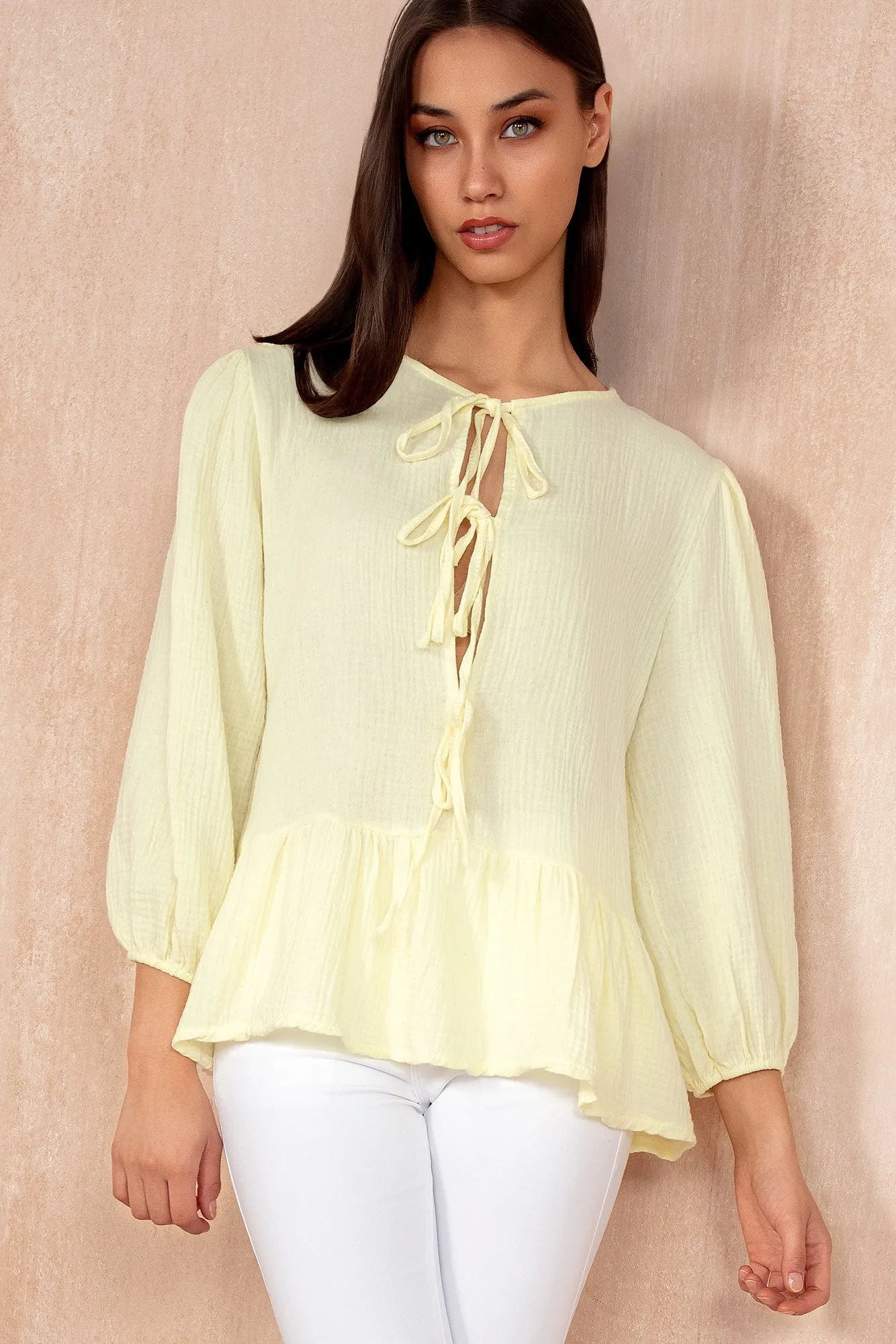 Jean Yellow Cotton Peplum Top sold by Va Va Voom